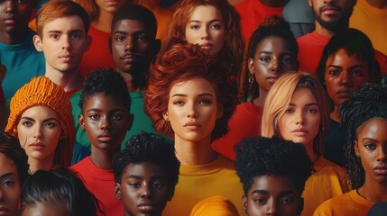 A diverse group of individuals, showcasing various hair textures and colors, united in colorful attire.