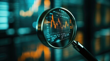 Magnifying glass focusing on detailed financial charts, revealing in-depth market insights