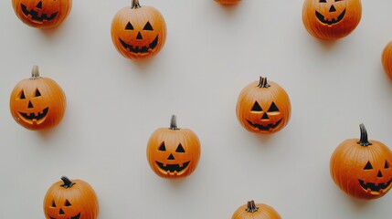 Close-up of carved Halloween pumpkins with spooky faces on a clean white background, showcasing vibrant orange hues and a minimalist Halloween look