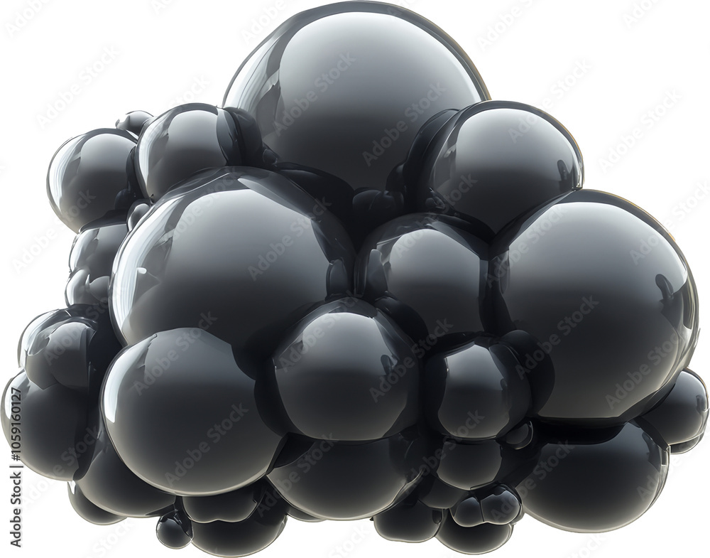 Poster glossy black bubble cluster isolated on transparent background, abstract design and creativity conce