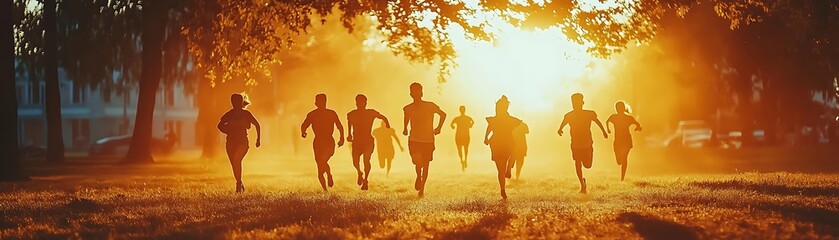 Fototapeta premium Silhouettes of People Running Towards the Sunset Photo