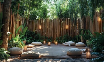 Fototapeta premium Peaceful outdoor seating area with lush greenery.
