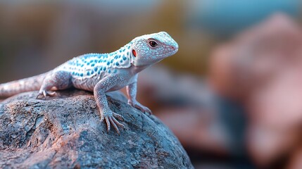 A beautiful blue-spotted lizard resting on a textured rock, showcasing its vibrant colors in a serene setting.