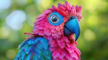 Obraz premium A vibrant, colorful parrot showcasing stunning shades of pink and blue in a lush, blurred background.