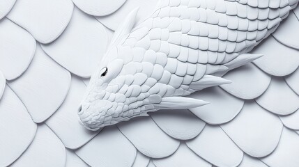 A white dragon head rests on textured scales, showcasing intricate details and a serene atmosphere.