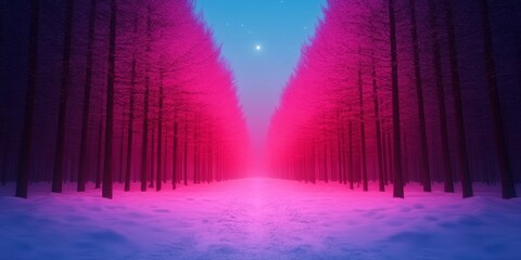 A surreal journey through a vibrant forest of pink and blue nature's mystical transformation at twilight