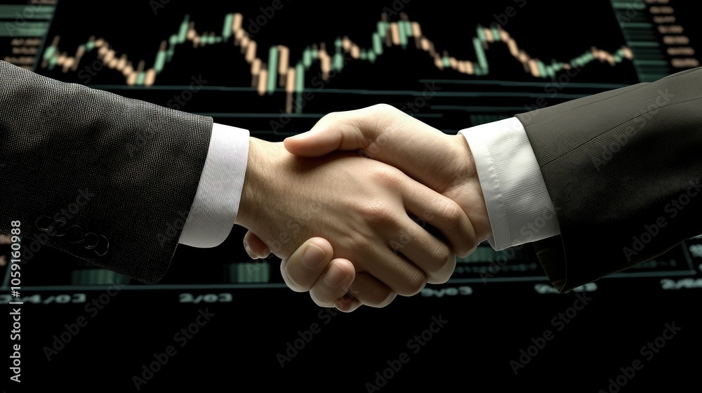 Poster professional handshake with finance and stock data in background, symbolizing success