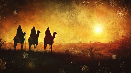 silhouette of the 3 wise men in the desert on their camels guided by a star
