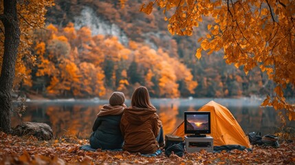 A couple enjoying a fall picnic, using a portable projector to watch a short video of a nature documentary featuring fall landscapes, adding a visual layer to their outdoor experience 
