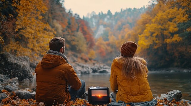 A couple enjoying a fall picnic, using a portable projector to watch a short video of a nature documentary featuring fall landscapes, adding a visual layer to their outdoor experience 