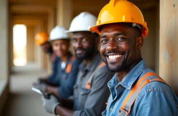 Team of Construction Workers in Professional Clothes and Helmets, looking at camera. Group of Smiling Black Builders Men. Blurred background of Construction Site