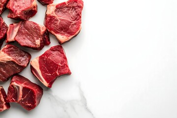 Fresh raw beef cuts arranged on white marble surface, premium meat selection and gourmet food concept