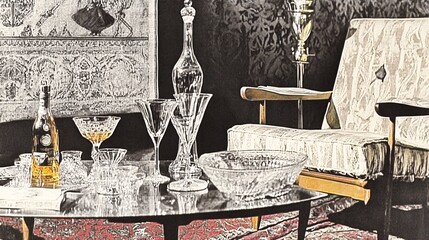 Elegant Mid-Century Modern Living Room with Crystal Glassware and Tapestry