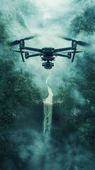 A photojournalistic-style action shot of a drone soaring through a dense forest, its camera lens focused on a distant waterfall. 