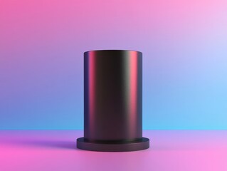 Minimalist black cylinder displayed against a vibrant pink and blue gradient background, creating a modern, colorful, and sleek aesthetic.