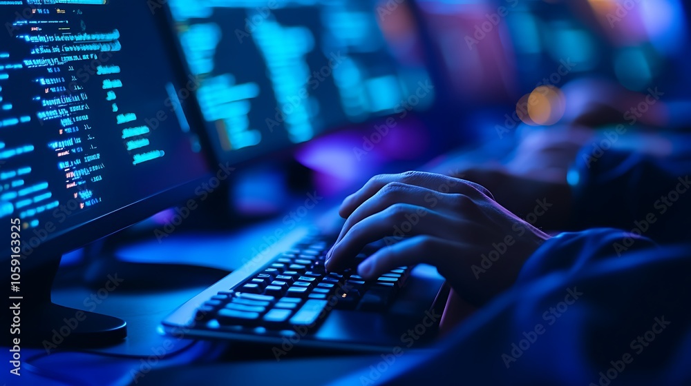 Poster cybersecurity professional working late subtle blur background with space for custom text