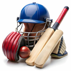Cricket stump, bat, ball and gloves on artificial turf, elevated view