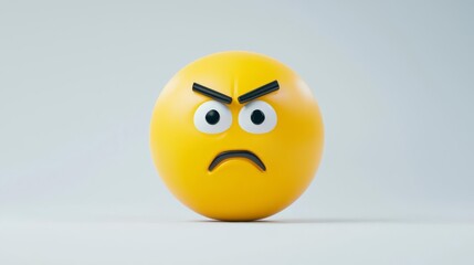 Fototapeta premium A vibrant yellow angry emoji with raised eyebrows and a frowning mouth, symbolizing frustration and strong emotions.