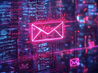 Neon Email Icon Glowing in Dark Cityscape with Flowing Digital Data Streams Symbolizing Fast Paced Urban Communication