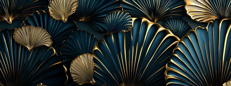 abstract luxurious deco glamour wallpaper illustration with gold, blue, and black geometric 3D Egyptian shell shapes and textured print background