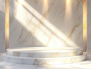 Elegant marble display podium illuminated by natural sunlight against a luxurious marble wall, ideal for high-end product presentations and minimalist settings.