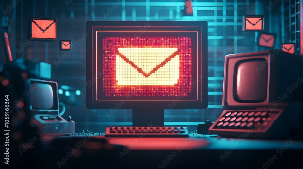Poster retro pixelated email icon on old computer screen with 8 bit nostalgic icons symbolizing early inter
