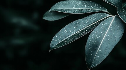 Obraz premium Dark Green Leaf with Water Drops Simple Neutral Background with Free Space for Design