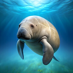 Animal concept of a West Indian manatee - Trichechus manatus - swiming under water seen at Three sisters springs in Crystal River, Florida