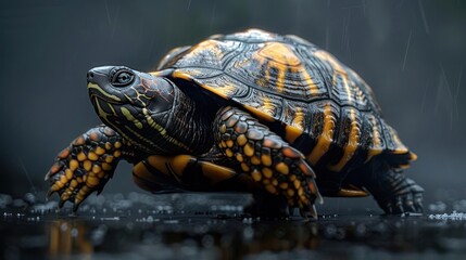 Fototapeta premium Close-up of a turtle with a vibrant shell walking on a log.