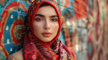 Fototapeta premium A young woman in a red and patterned headscarf looks directly at the camera.