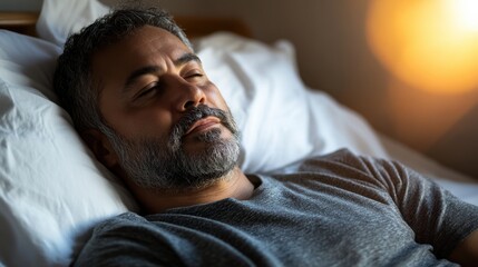 Obraz premium A middle-aged Latin man with a beard, relaxing on a bed with white linens, a warm glow from the morning sun softly illuminating his face