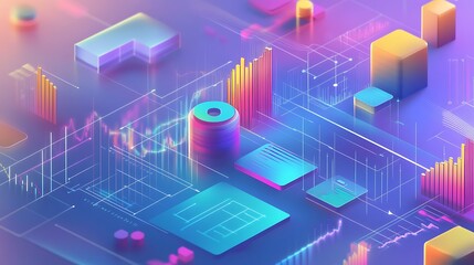 Fototapeta premium A vibrant, abstract digital landscape featuring geometric shapes and data visualizations.