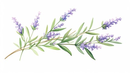 Pastel watercolor of a small sprig of lavender with delicate purple flowers and green leaves isolated on white background minimalistic for greeting cards banners high quality and detail