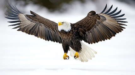 Fototapeta premium A Majestic Bald Eagle Gracefully Soars Above a Snowy Landscape While Hunting for Food in the Early Morning Light
