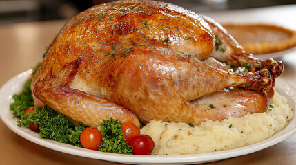 Deliciously Roasted Turkey Served on a Platter With Mashed Potatoes and Fresh Vegetables During a Festive Dinner Celebration