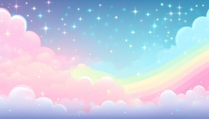 Obraz premium Holographic fantasy rainbow background with clouds and stars. Pastel color sky. Magical land.j