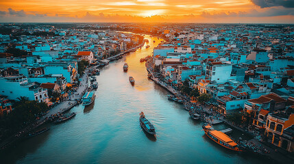 A Breathtaking Sunset Over the River, Capturing Vibrant Colors Above the Bustling Cityscape in the Evening