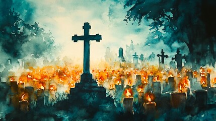All Souls' Day. Cross with burning candles in the cemetery in watercolor