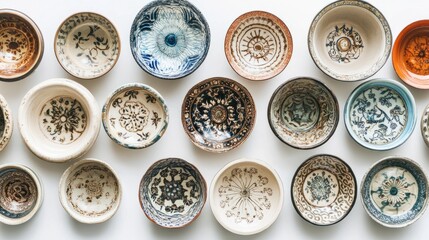 An elegant display of antique bowls and plates with ornate patterns, artfully arranged on a clean white background, showcasing their exquisite craftsmanship.