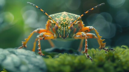 Fototapeta premium A close-up photograph of a vibrant, multi-colored bug, possibly a beetle or an ant,