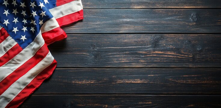 American flag draped on rustic wooden table background during a quiet moment of reflection