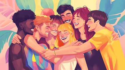 Fototapeta premium A joyful group of friends embracing each other with smiles, surrounded by colorful tropical elements.