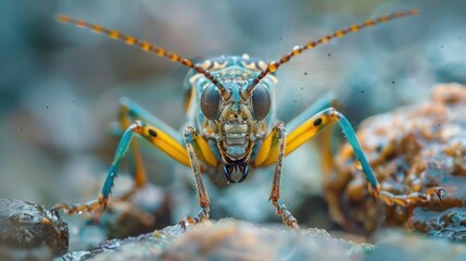 Fototapeta premium A vividly colored exotic bug resting on the ground with a detailed and textured background.