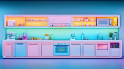 A modern, vibrant kitchen with colorful lighting and sleek appliances, perfect for creative culinary photography.