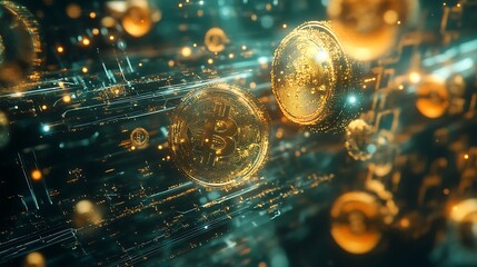 A digital representation of Bitcoin, showcasing floating coins in a futuristic, tech-inspired environment.
