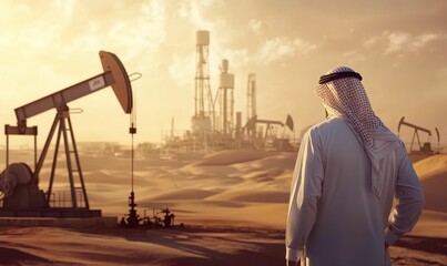 Man in desert, oil rig in background.