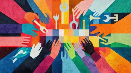 Fototapeta premium Diverse hands gather around tools, symbolizing teamwork, collaboration, and community effort in vibrant colors.