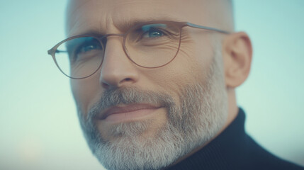 mature man with well groomed beard and stylish glasses, exuding confidence and wisdom. His thoughtful expression reflects serene outdoor setting