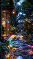 Fototapeta premium Enchanted Garden Pathway with Glowing Lights at Twilight