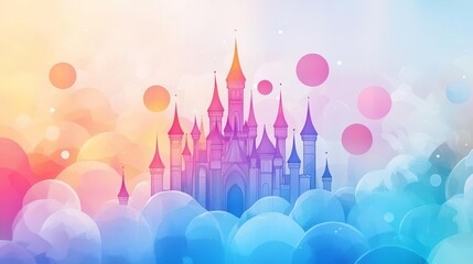 A whimsical castle surrounded by colorful clouds and bubbles, evoking a dreamy, fantastical atmosphere.